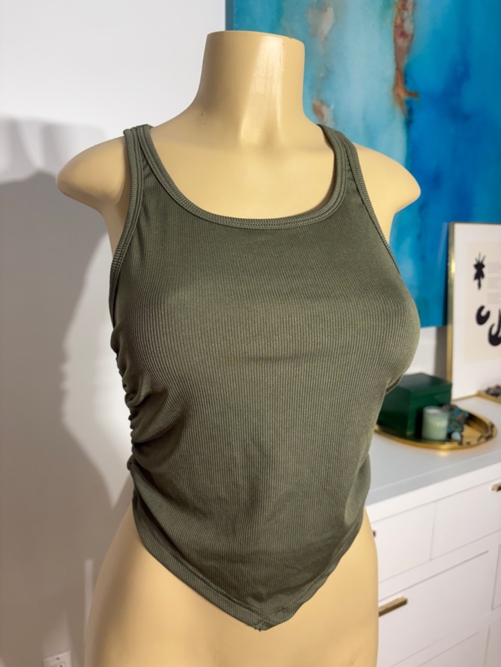 Women's Olive Ribbed Tank Top - Classic Scoop Neck